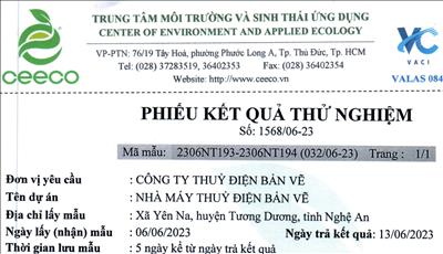 Kết quả thử nghiệm mẫu nước Nhà máy thuỷ điện Bản Vẽ tháng 6/2023