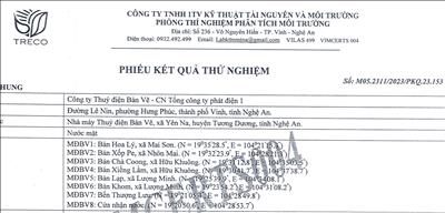 Kết quả thử nghiệm mẫu nước Nhà máy Thuỷ điện Bản Vẽ