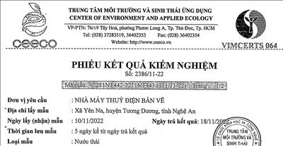 Phiếu kết quả kiểm nghiệm môi trường tháng 11/2022